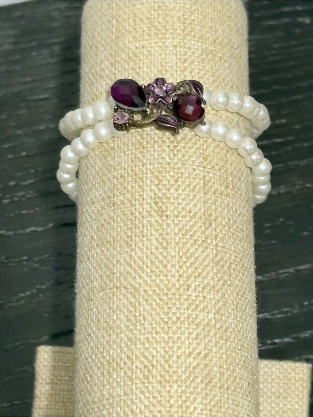 Handcrafted metal slider amethyst flower with pearl beaded bracelet
